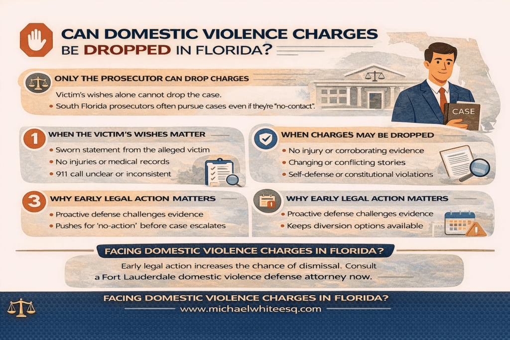 Horizontal infographic titled “Can Domestic Violence Charges Be Dropped in Florida?” explaining that only prosecutors can dismiss charges, outlining when a victim’s wishes may matter, showing situations where charges may be dropped due to weak evidence or self-defense, and emphasizing why early legal action increases the chance of dismissal.