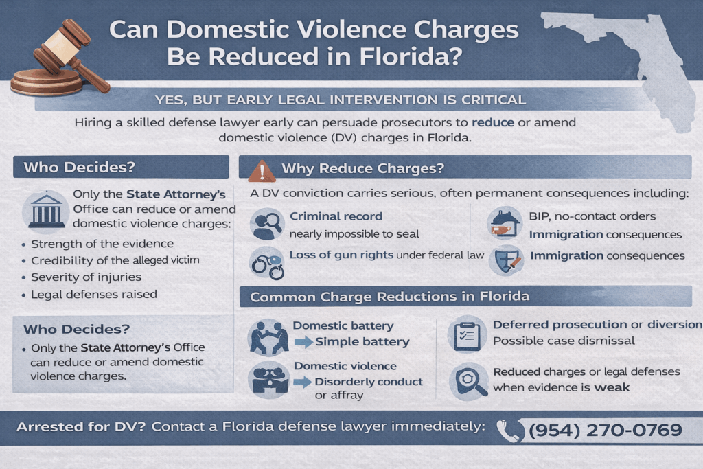 Infographic detailing the process of reducing domestic violence charges in Florida, highlighting the role of the State Attorney's Office, potential consequences of a conviction, and common charge reductions, with contact information for legal assistance.