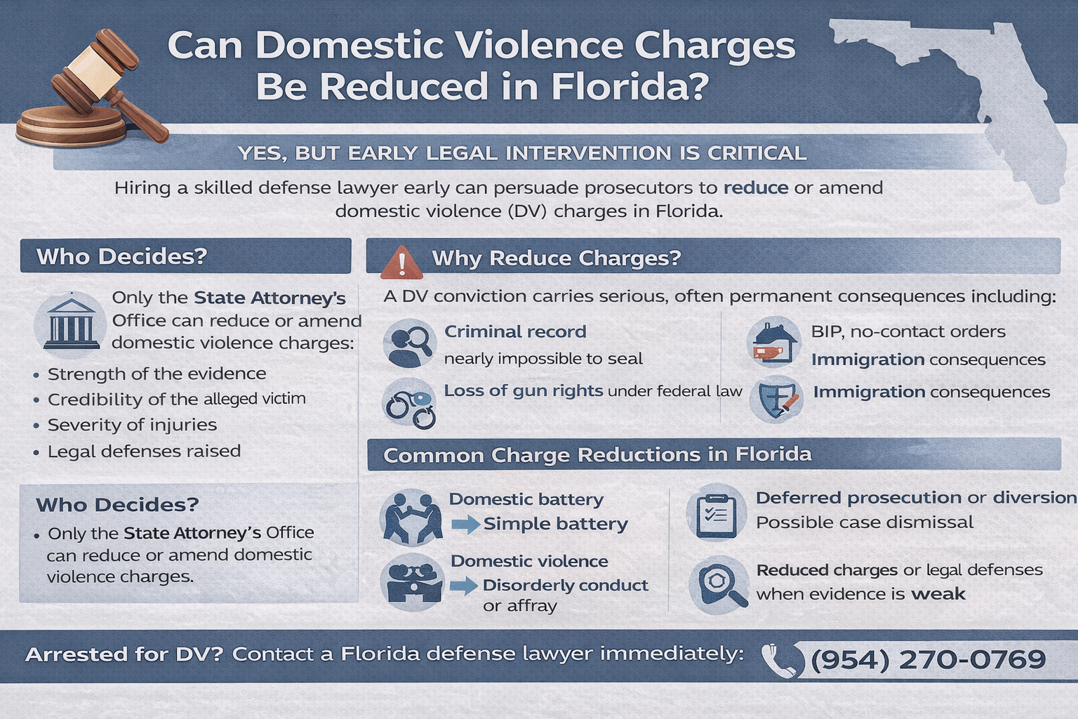 Horizontal infographic explaining how domestic violence charges can be reduced in Florida, including who decides charge reductions, why reductions matter, common reduced charges such as simple battery or disorderly conduct, diversion options, and the importance of early legal intervention.