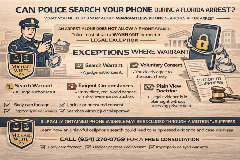 Police officer holding smartphone with legal text about phone searches during Florida arrests, emphasizing warrant requirement and exceptions like exigent circumstances and voluntary consent, with Michael White, P.A. branding.