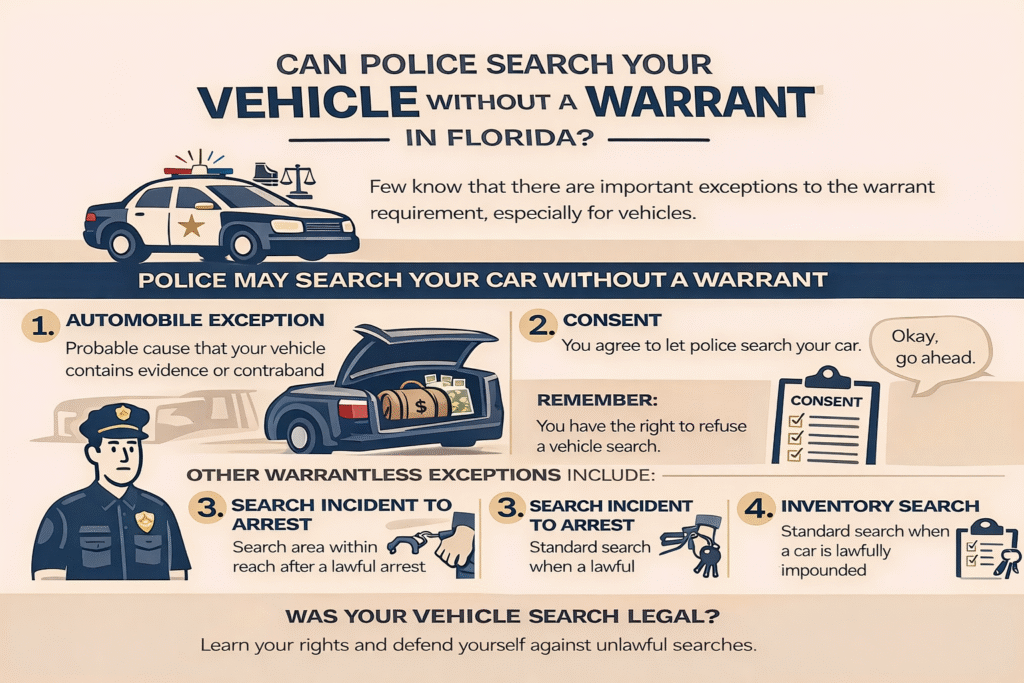 “Horizontal infographic outlining Florida vehicle search laws, including when police may search a car without a warrant based on probable cause, consent, arrest-related searches, or inventory searches.”