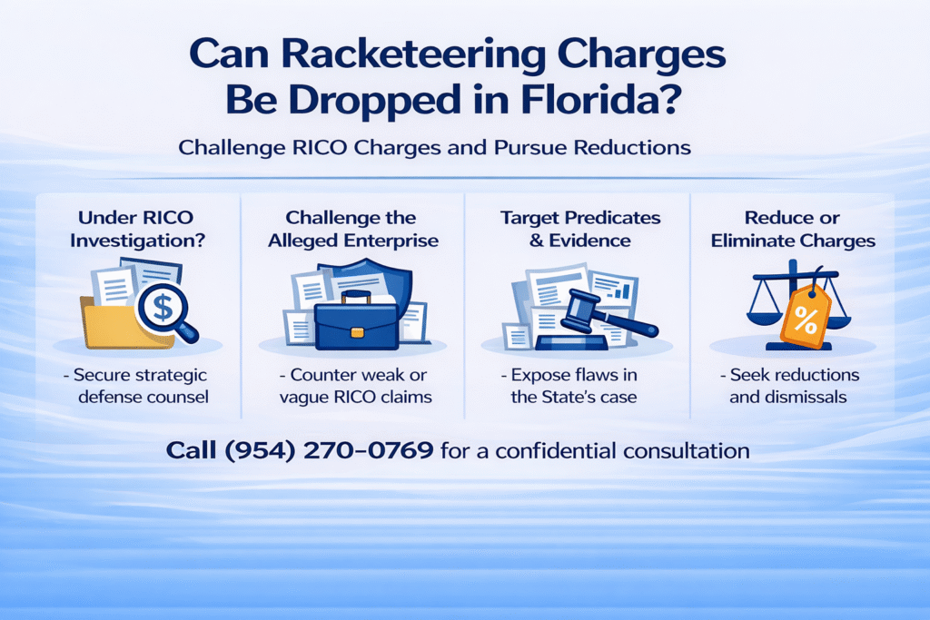 Infographic titled "Can Racketeering Charges Be Dropped in Florida?" outlining strategies to challenge RICO charges, including securing defense counsel, countering vague claims, targeting evidence, and seeking charge reductions.