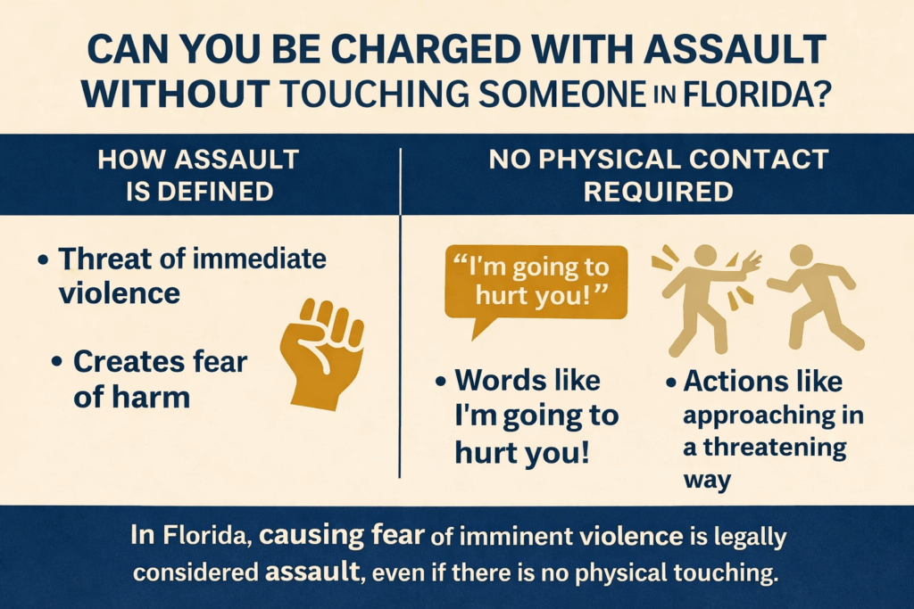 Infographic explaining Florida assault laws, highlighting that threats of immediate violence and actions creating fear of harm can lead to assault charges without physical contact, featuring phrases like "I'm going to hurt you!" and visual symbols of threat.