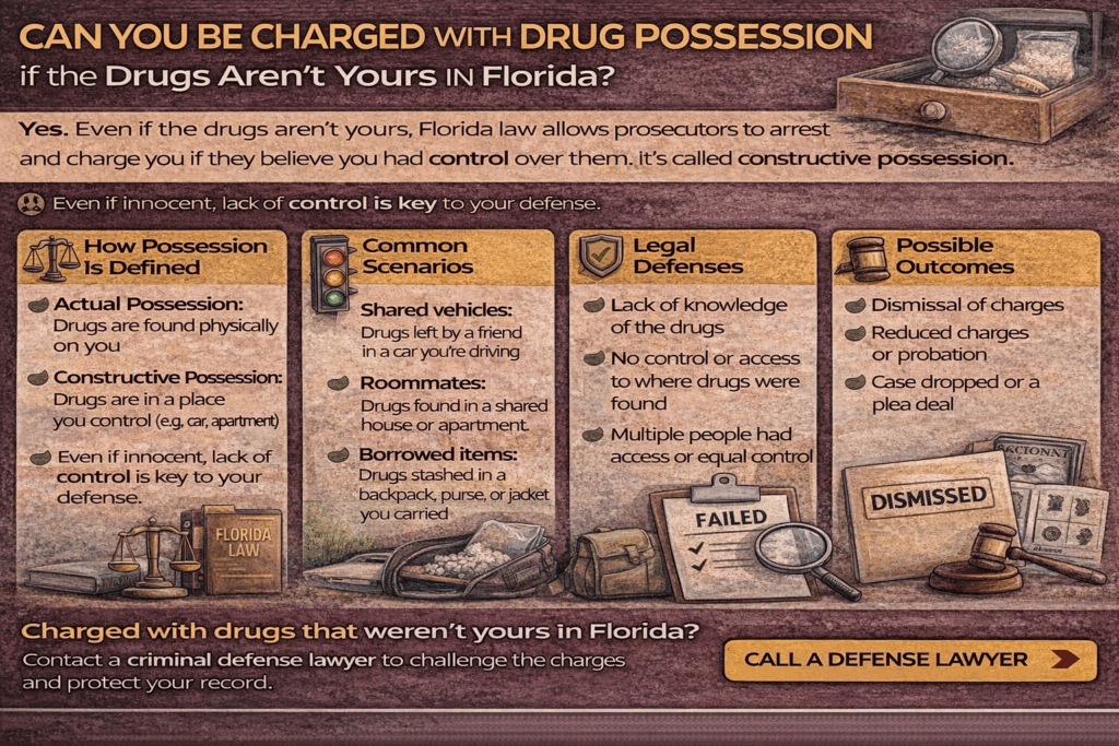 Horizontal infographic describing Florida drug possession laws when drugs belong to someone else, highlighting constructive possession, shared-access situations, defenses, and dismissal options.