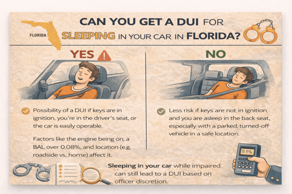 Horizontal infographic explaining whether you can get a DUI for sleeping in your car in Florida, comparing situations where a DUI is more likely, such as having the keys in the ignition or sitting in the driver’s seat, versus lower-risk scenarios like sleeping in the back seat with the car turned off, while noting that officer discretion and actual physical control can still lead to arrest.