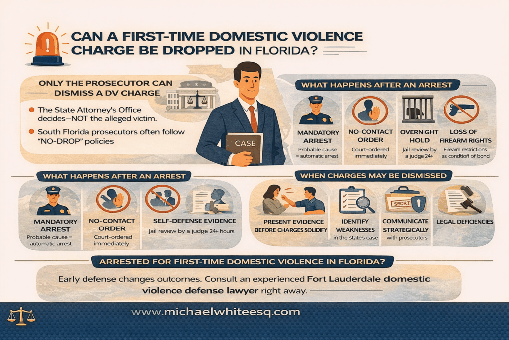 Horizontal infographic titled “Can a First-Time Domestic Violence Charge Be Dropped in Florida?” explaining that only prosecutors can dismiss charges, outlining what happens after an arrest—mandatory arrest, no-contact orders, overnight jail hold, and firearm restrictions—and showing when cases may be dismissed through early evidence review and legal deficiencies.