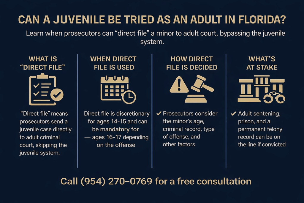 Infographic explaining juvenile direct file in Florida, detailing criteria for adult court, including definitions, age considerations, decision factors, and potential consequences.