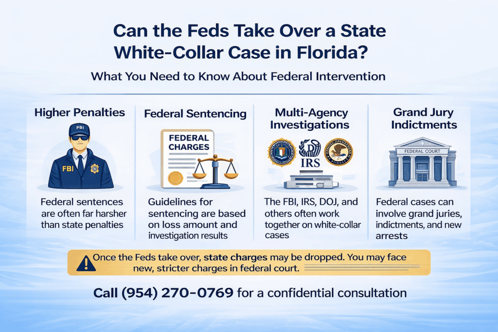 Can the feds take over a state white-collar case in Florida infographic explaining federal intervention, investigations, and penalties.