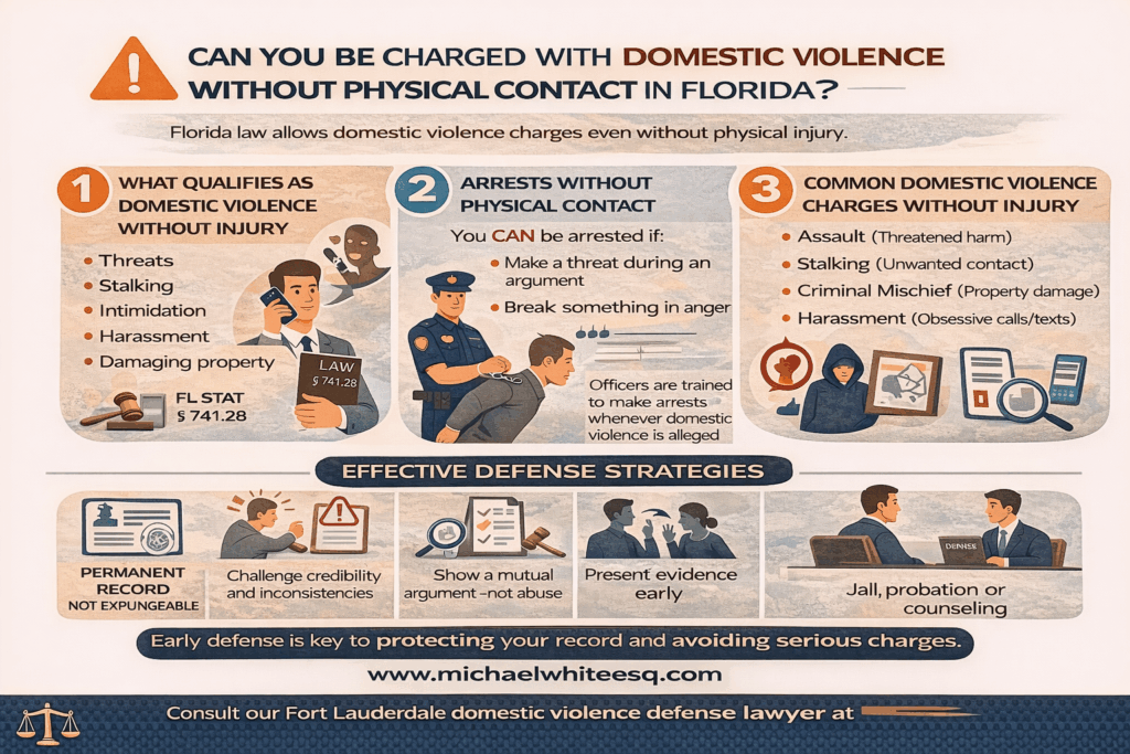 Horizontal infographic titled “Can You Be Charged With Domestic Violence Without Physical Contact in Florida?” explaining that Florida law allows domestic violence charges based on threats, stalking, intimidation, harassment, or property damage, showing arrest scenarios without injury, common non-physical charges, and defense strategies to protect your record.