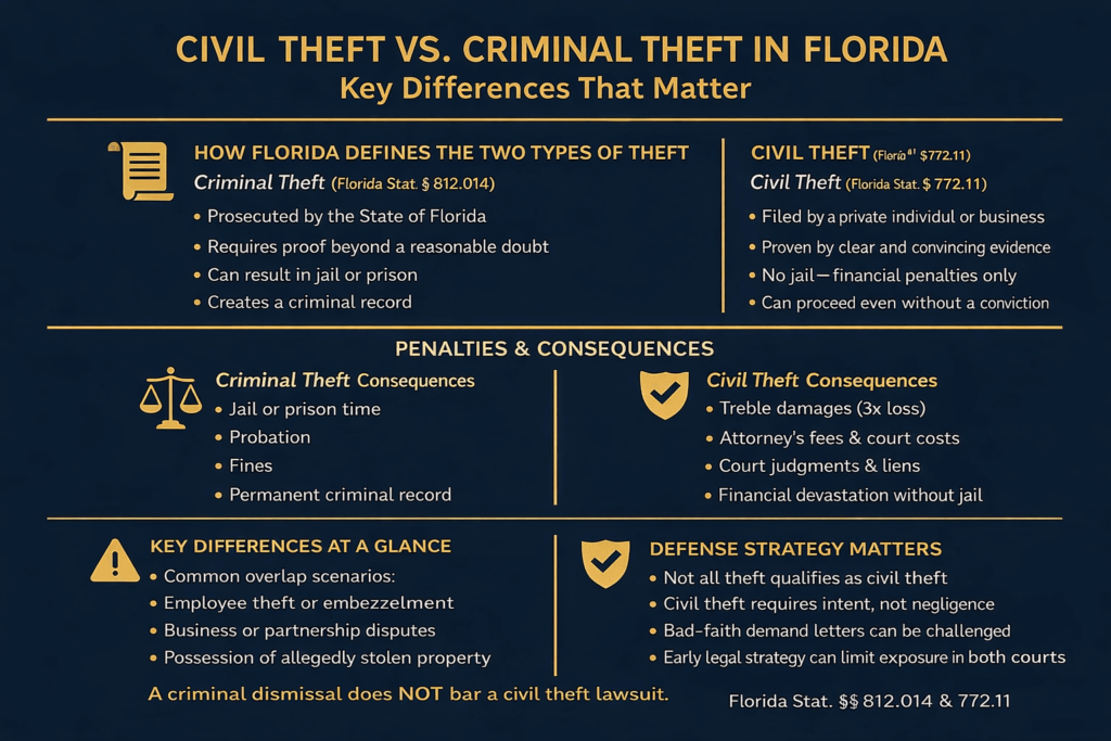 Infographic explaining the differences between civil theft and criminal theft in Florida, including who files each case, burden of proof, penalties, treble damages, and how civil and criminal theft cases can proceed at the same time under Florida law.
