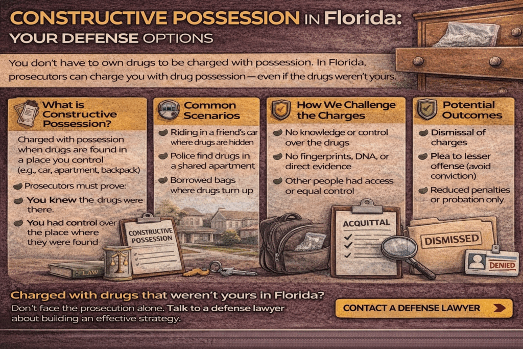 Horizontal infographic outlining constructive possession in Florida, showing how drugs found in shared vehicles or residences can lead to charges and how those charges are challenged.