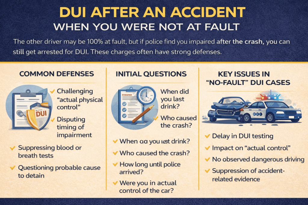 DUI information graphic detailing defenses and questions for cases where the driver was not at fault, relevant to Florida criminal defense law.