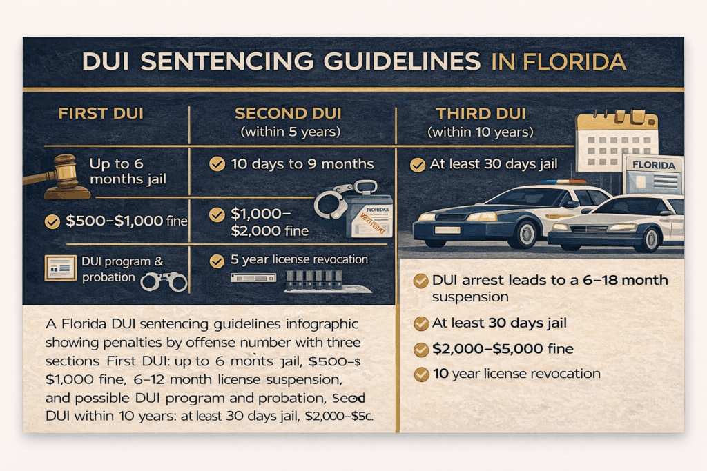 DUI sentencing guidelines infographic for Florida detailing penalties for first, second, and third DUI offenses, including jail time, fines, and license revocation.
