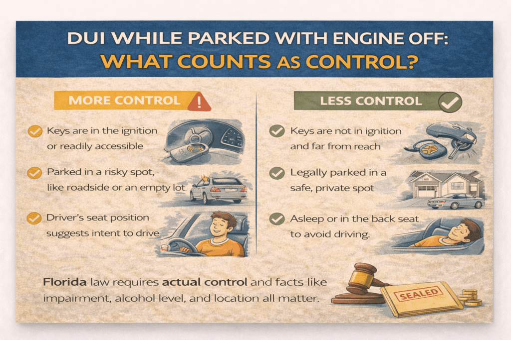 Horizontal infographic explaining when a DUI can apply while a vehicle is parked with the engine off in Florida, comparing factors that suggest actual physical control—such as keys in reach, sitting in the driver’s seat, or parking in a risky location—versus lower-risk situations like keys out of reach, sleeping in the back seat, and legally parking in a safe area, with emphasis on Florida’s actual control standard.