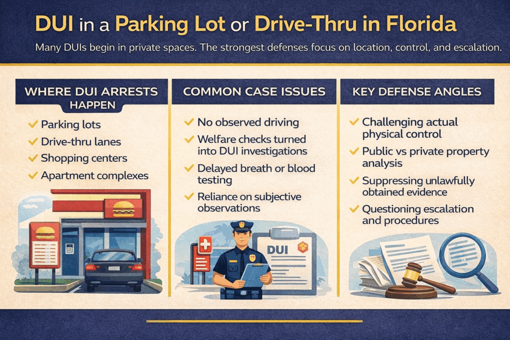 DUI in a parking lot or drive-thru in Florida infographic highlighting common arrest locations, case issues, and key defense strategies related to DUI laws.
