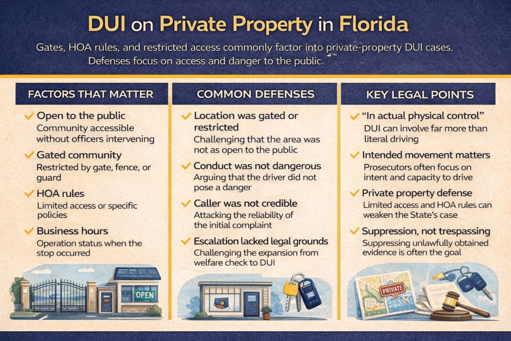 DUI on private property infographic highlighting factors like gated communities, HOA rules, and legal defenses in Florida.