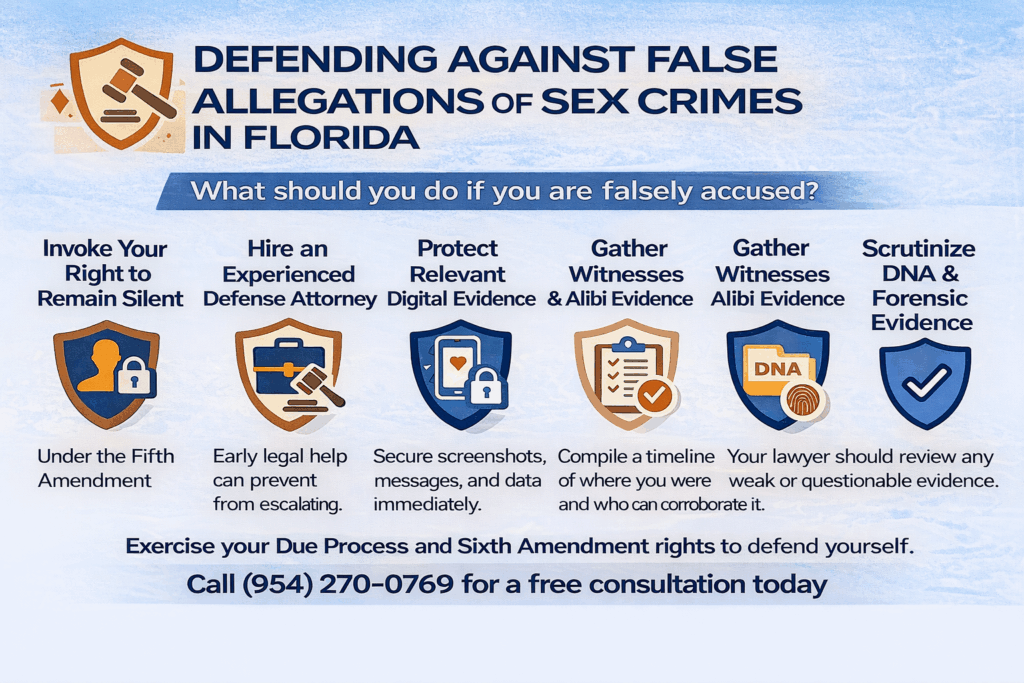 Infographic explaining how to defend against false sex crime allegations in Florida, showing key steps such as remaining silent, securing digital evidence, gathering witnesses, and reviewing forensic evidence with a defense lawyer.