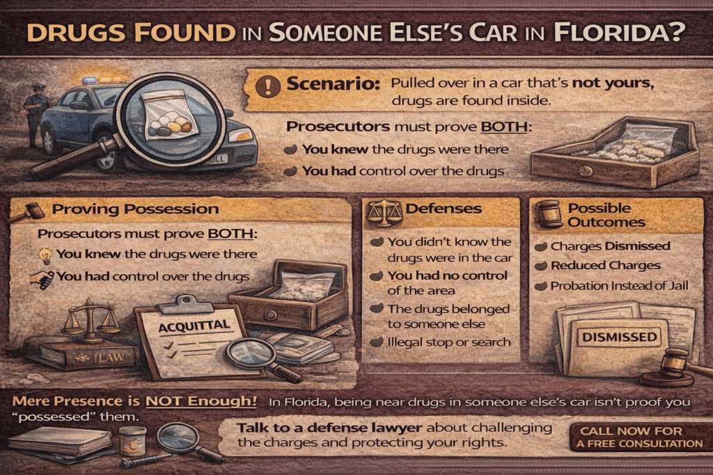 Horizontal infographic showing how Florida law treats drugs found in someone else’s vehicle, including the prosecutor’s burden of proof, constructive possession defenses, and potential case outcomes.