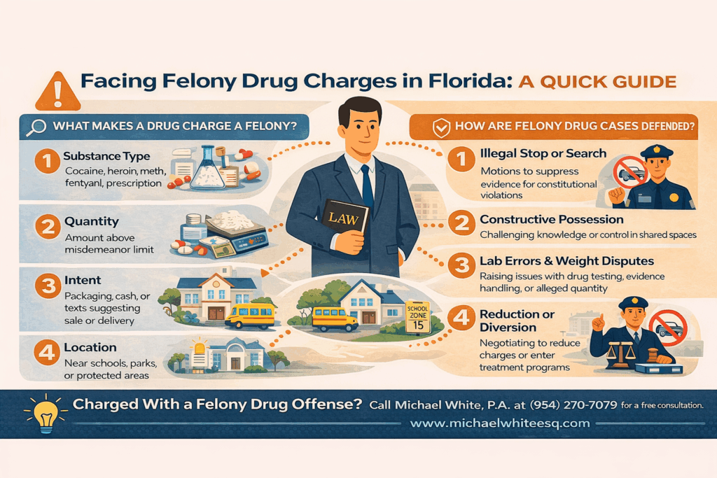 Infographic titled "Facing Felony Drug Charges in Florida: A Quick Guide," outlining felony drug charge criteria including substance type, quantity, intent, and location, alongside defense strategies such as illegal stop, constructive possession, lab errors, and reduction options, featuring visuals of drugs, legal symbols, and police interactions.