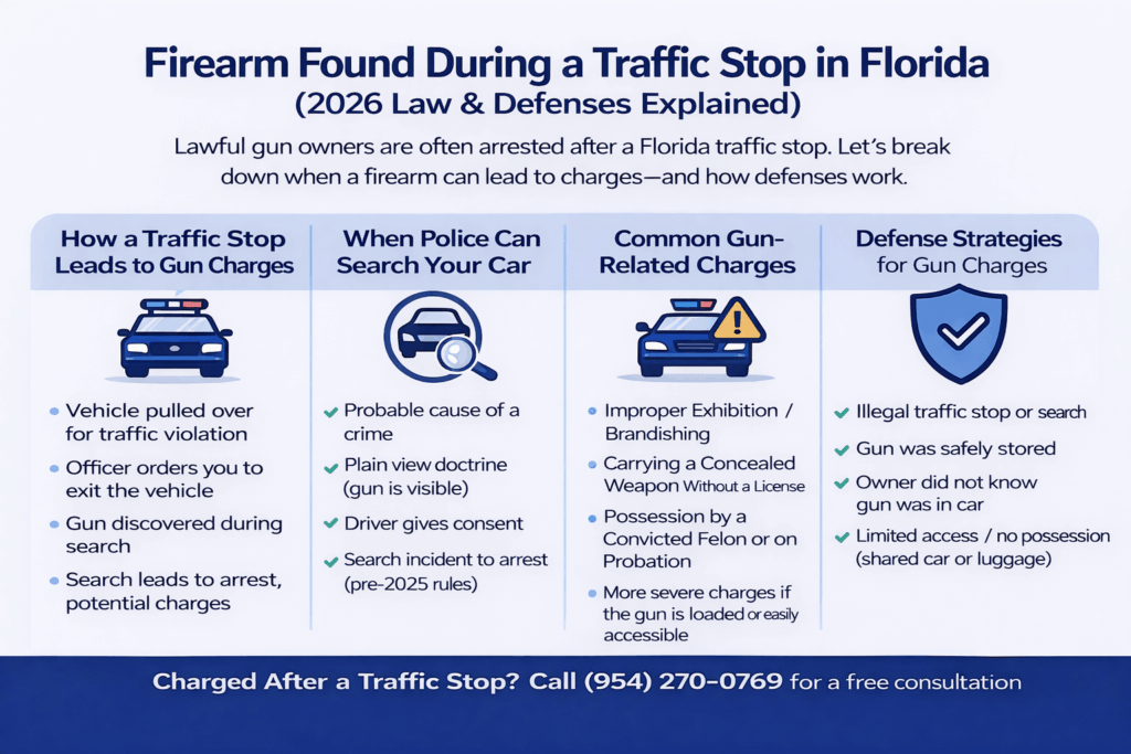 Firearm infographic detailing legal processes and defense strategies following firearm discovery during Florida traffic stops, including search conditions and common charges.