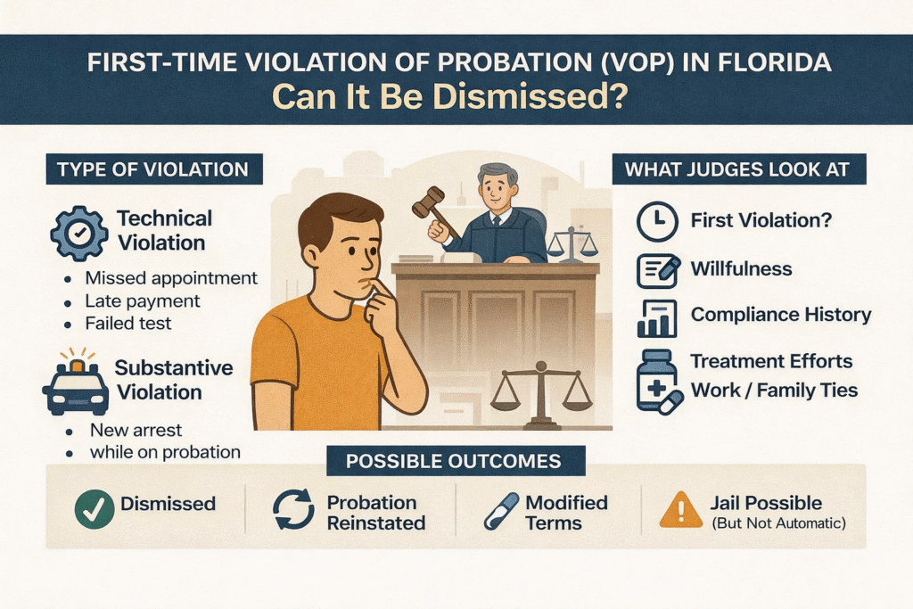 “Infographic explaining first-time probation violations in Florida, including violation types, judicial considerations, and possible outcomes.”