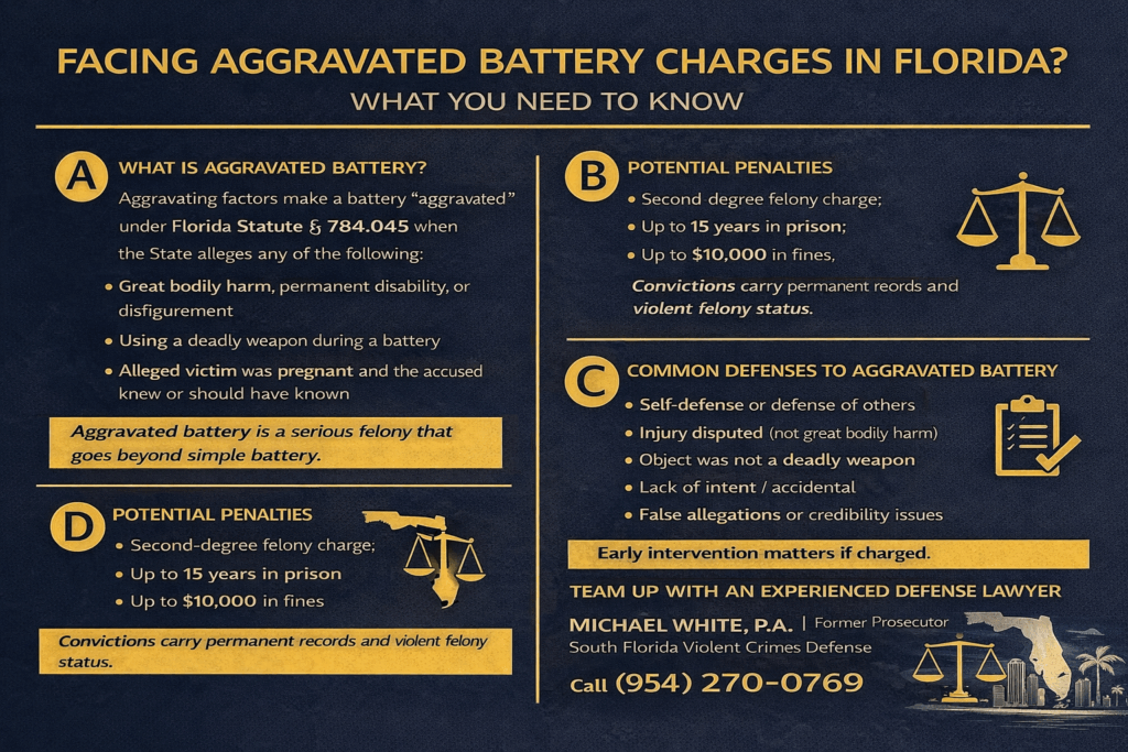 Horizontal infographic outlining aggravated battery charges in Florida, penalties, defenses, and early defense strategies.