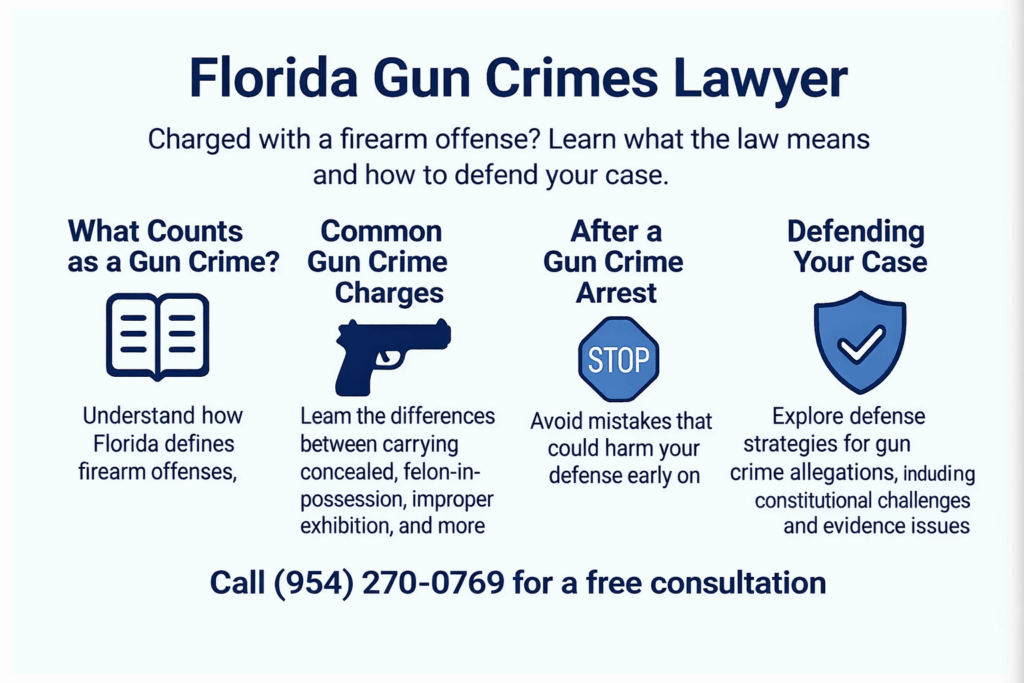 Infographic titled “Florida Gun Crimes Lawyer” explaining firearm offenses in Florida, including what counts as a gun crime, common gun crime charges, what happens after a gun crime arrest, and defense strategies, with icons and a free consultation phone number.
