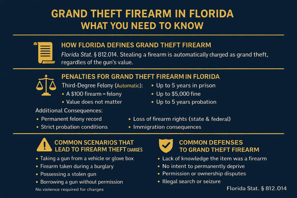 Grand Theft Firearm information graphic detailing Florida laws, penalties, scenarios, and defenses related to firearm theft, emphasizing felony charges regardless of firearm value.
