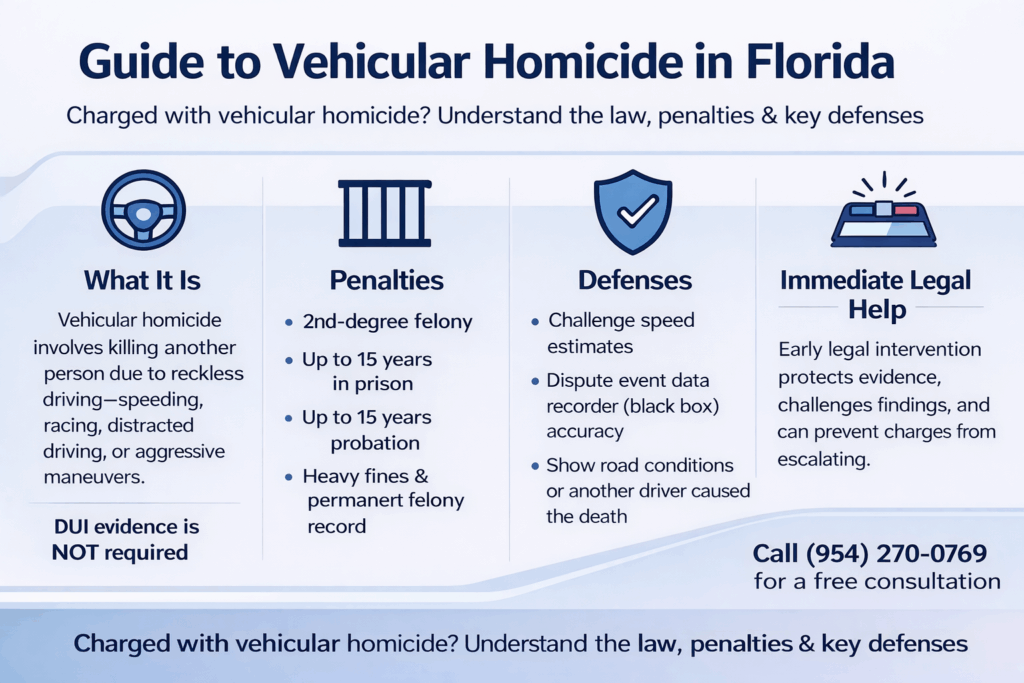 Guide to Vehicular Homicide in Florida infographic highlighting key aspects: definition, penalties, defenses, and importance of immediate legal help.