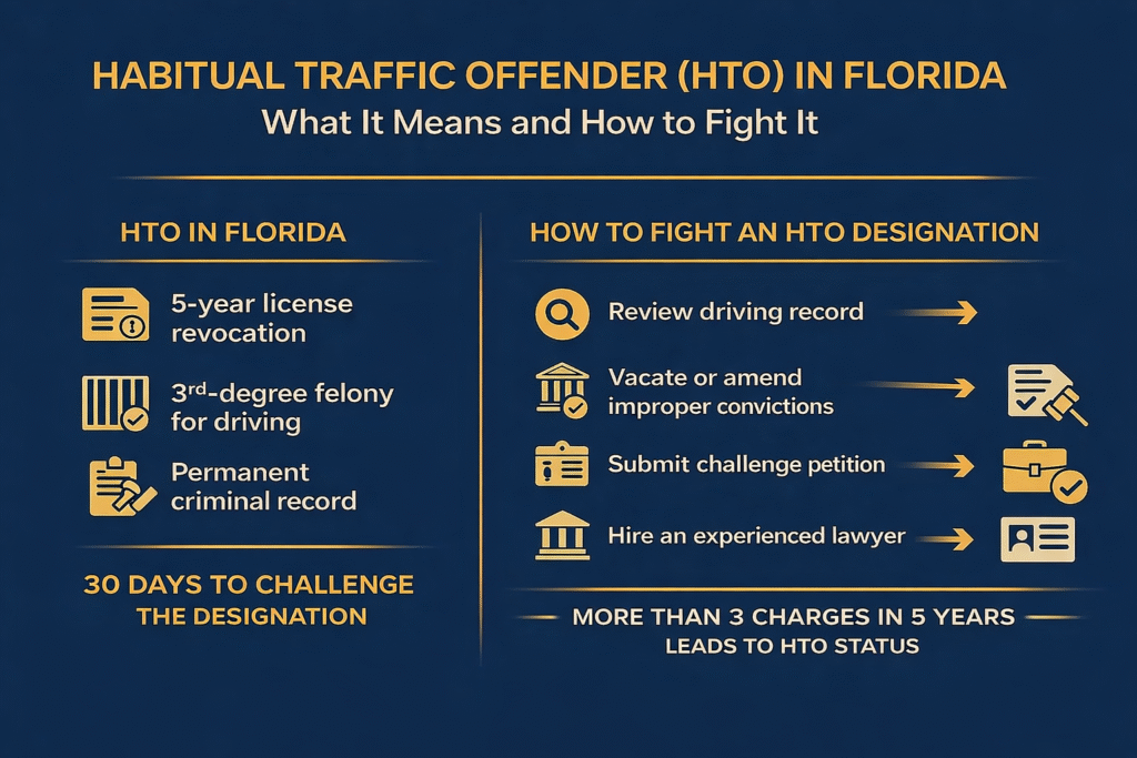 Infographic outlining Habitual Traffic Offender penalties and how to challenge HTO status in Florida.