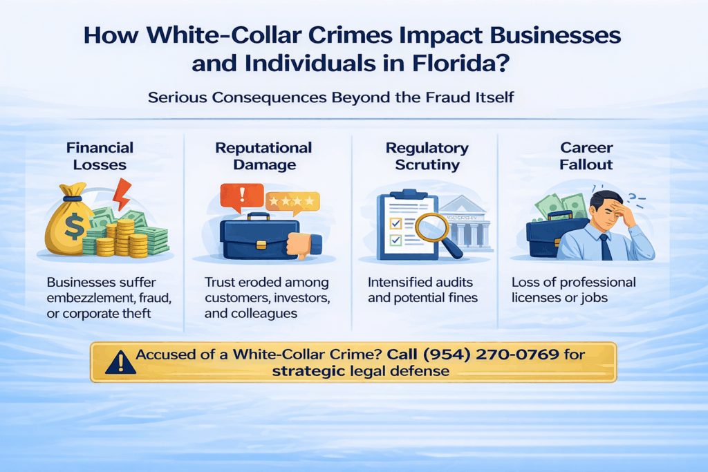 White-collar crime impact infographic explaining financial, reputational, regulatory, and career consequences in Florida.