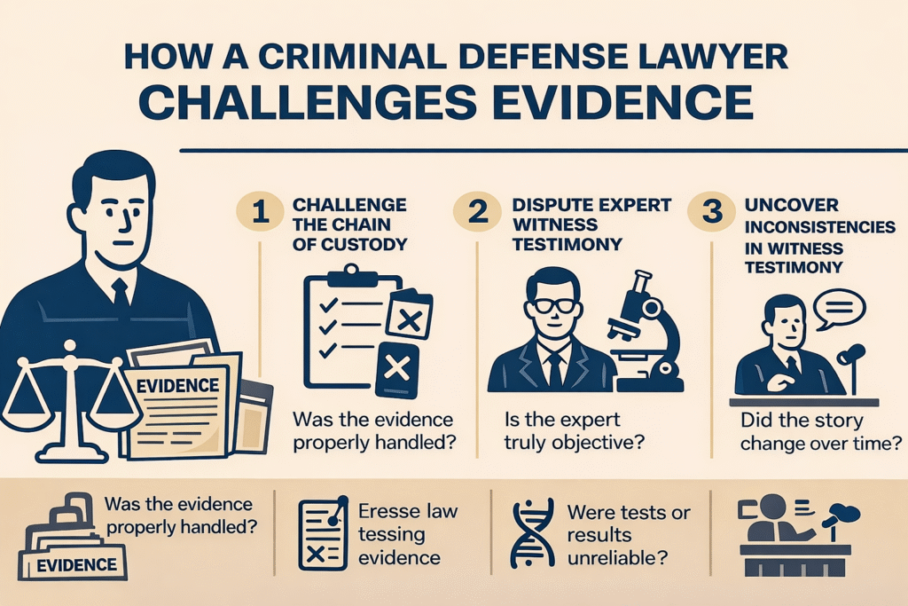 Infographic illustrating how a criminal defense lawyer challenges evidence, featuring scales of justice, checklist for chain of custody, expert witness, and inconsistencies in witness testimony, relevant to legal representation in Florida criminal cases.
