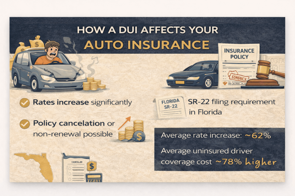 Horizontal infographic explaining how a DUI affects auto insurance in Florida, showing higher insurance rates, possible policy cancellation or non-renewal, and the requirement to file an SR-22 after a DUI conviction, illustrated with cars, insurance documents, and cost icons.
