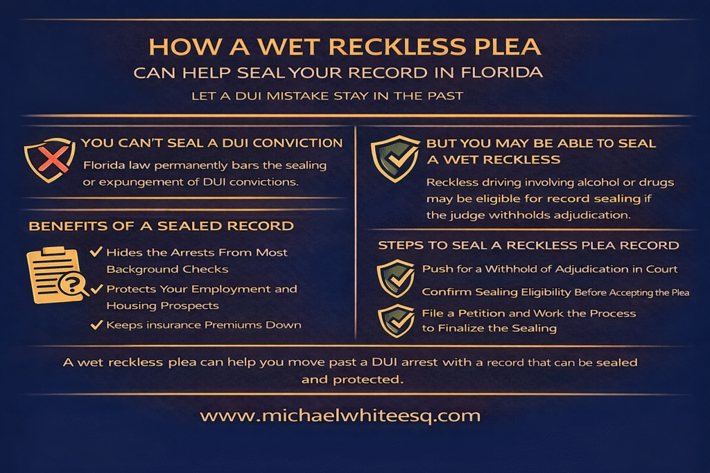 How a wet reckless plea can help seal your record in Florida, highlighting benefits of sealed records and steps to achieve sealing, with icons for visual emphasis.