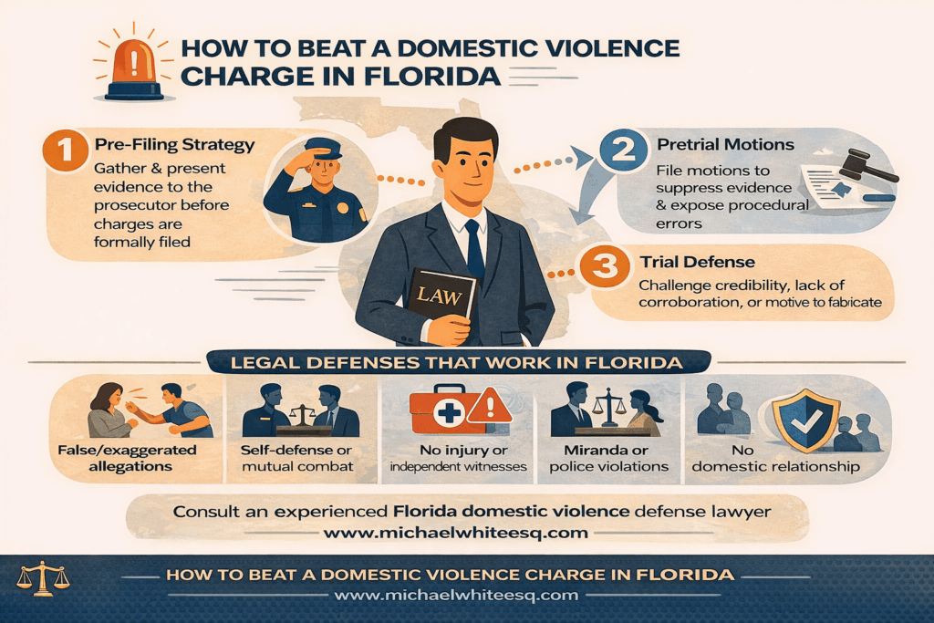 Horizontal infographic titled “How to Beat a Domestic Violence Charge in Florida,” showing three defense stages—pre-filing strategy, pretrial motions, and trial defense—along with common defenses such as false allegations, self-defense, lack of injury, Miranda violations, and outcomes including dismissal, diversion, sealed records, or reduced charges.