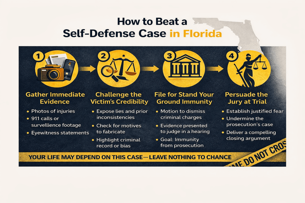 How to Beat a Self-Defense Case in Florida infographic outlining steps: gather immediate evidence, challenge victim's credibility, file for Stand Your Ground immunity, persuade the jury at trial; relevant to legal defense strategies in Florida.