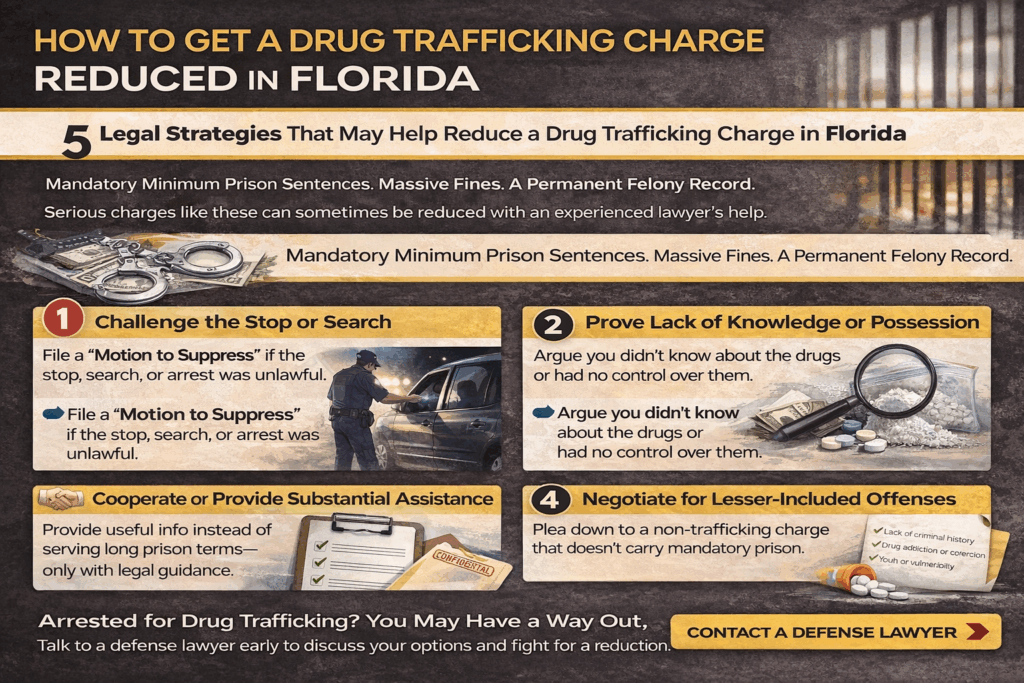 Infographic titled "How to Get a Drug Trafficking Charge Reduced in Florida" outlining five legal strategies, featuring elements like handcuffs, cash, and a magnifying glass, highlighting the importance of legal representation in reducing serious drug charges.