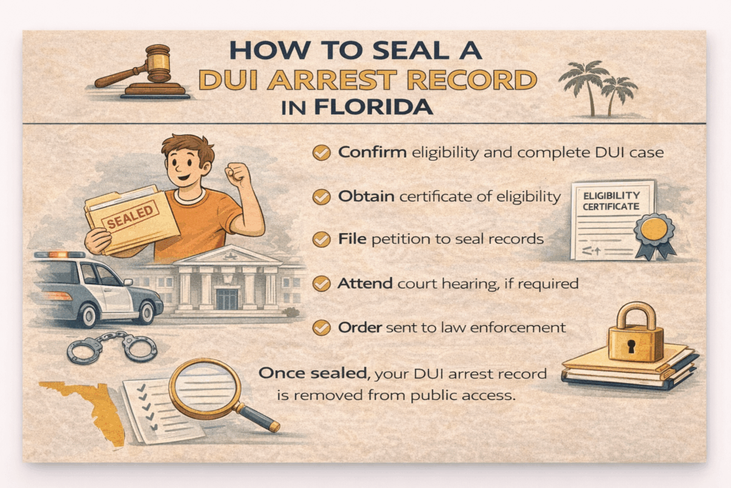 How to seal a DUI arrest record in Florida infographic, featuring steps like confirming eligibility, obtaining a certificate, filing a petition, attending court, and ordering law enforcement actions, with visual elements including a gavel, police car, and sealed document.