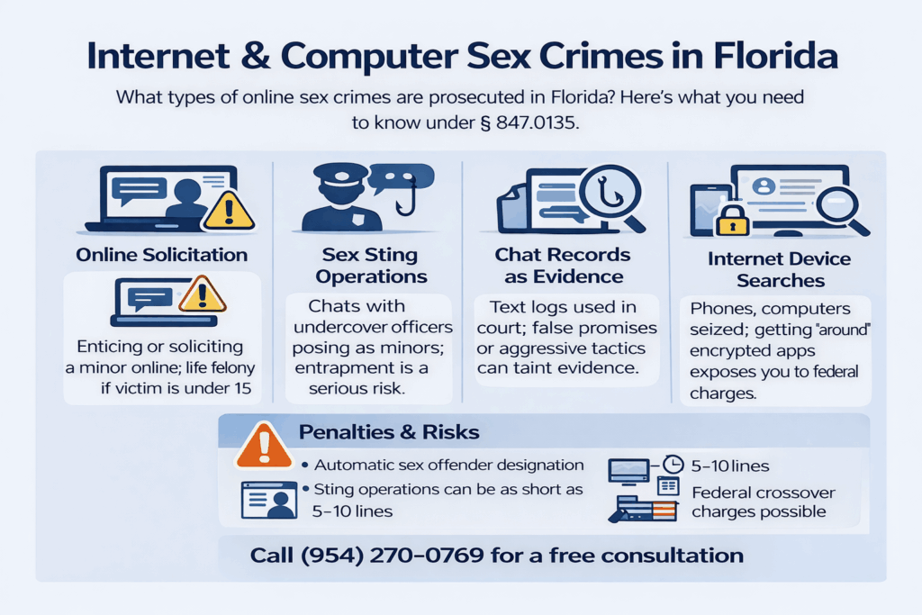 nfographic outlining internet sex crimes in Florida, showing how online solicitation, undercover sting operations, chat evidence, and device searches are used in prosecutions under Florida law.