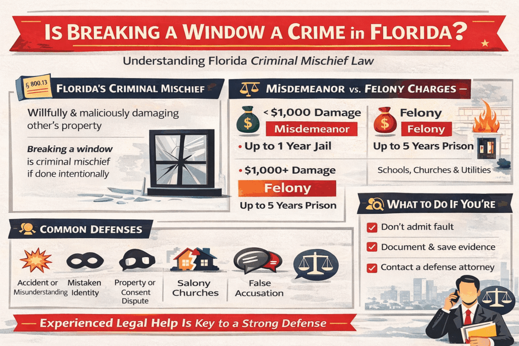 Horizontal infographic explaining whether breaking a window is a crime in Florida, including criminal mischief definitions, misdemeanor versus felony thresholds, common defenses, and what to do if accused