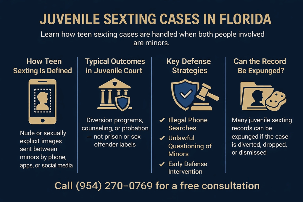 Juvenile sexting cases in Florida infographic detailing definitions, typical court outcomes, defense strategies, and record expungement options for minors.