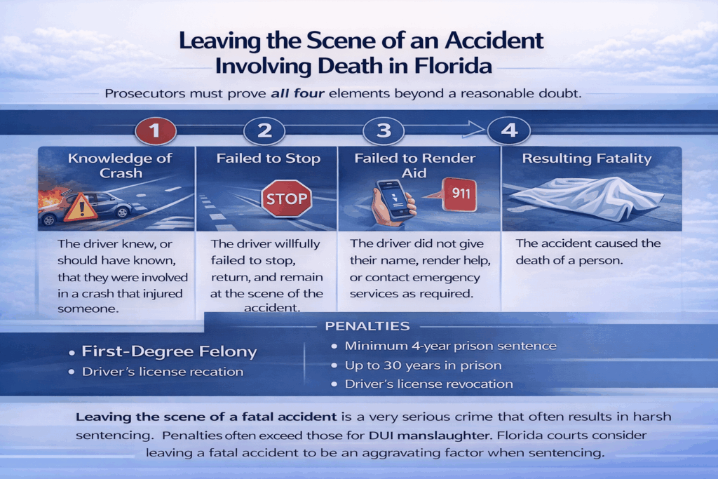Horizontally oriented infographic explaining leaving the scene of an accident involving death in Florida, outlining the elements prosecutors must prove, including knowledge of the crash, failure to stop, failure to render aid, and the resulting fatality.