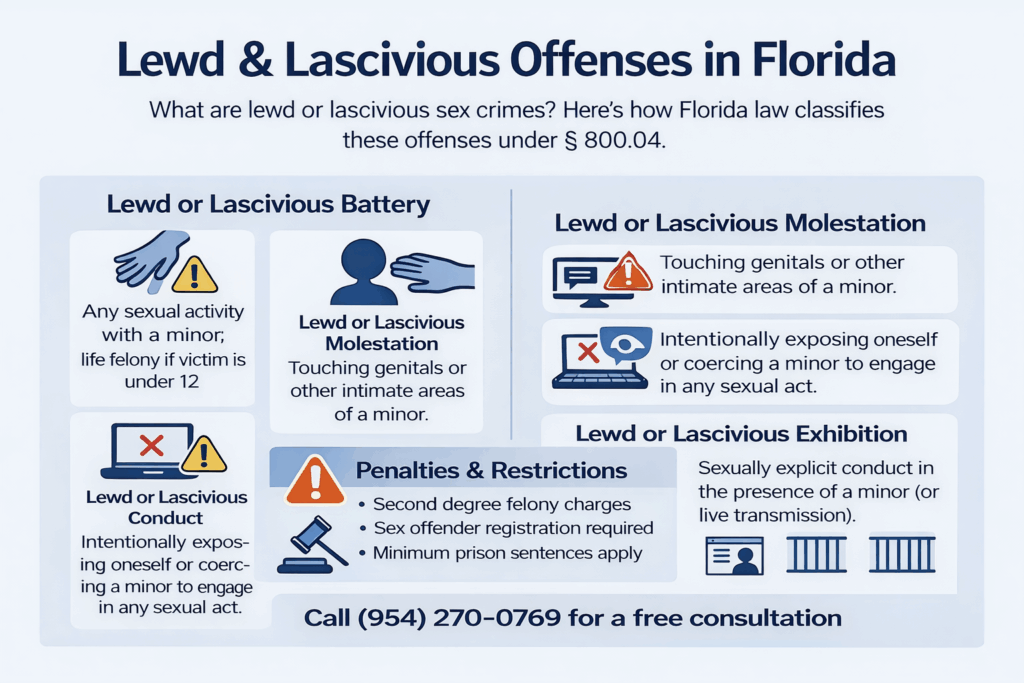 Lewd and lascivious offenses in Florida infographic detailing battery, molestation, conduct, and exhibition laws, with penalties and contact information for legal consultation.