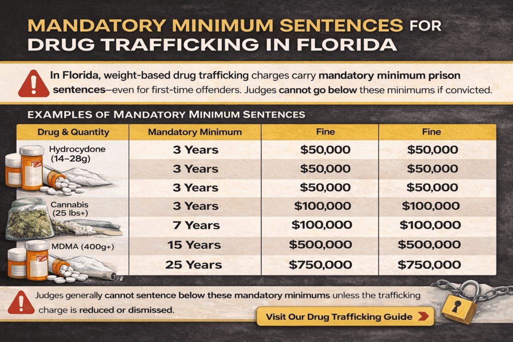Horizontal infographic summarizing mandatory minimum prison sentences for drug trafficking charges in Florida, illustrating how weight thresholds trigger fixed prison terms and fines.
