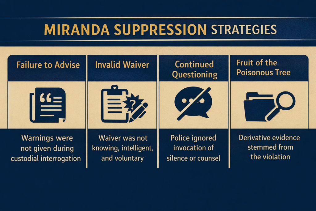 “Horizontal infographic outlining Miranda suppression strategies in Florida, including failure to give warnings, invalid waiver, continued questioning, and fruit of the poisonous tree.”