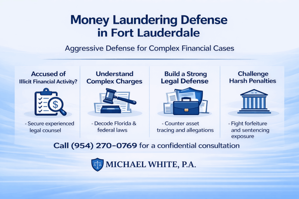 Money laundering defense graphic featuring contact information for Michael White, P.A., emphasizing legal counsel for accused financial crimes, understanding complex charges, building a strong defense, and challenging penalties in Fort Lauderdale.