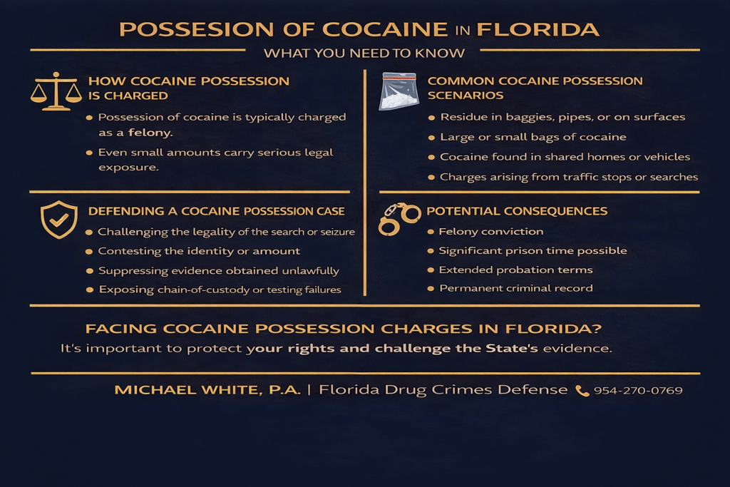 Possession of cocaine legal information graphic highlighting felony charges, common scenarios, defense strategies, and potential consequences in Florida.