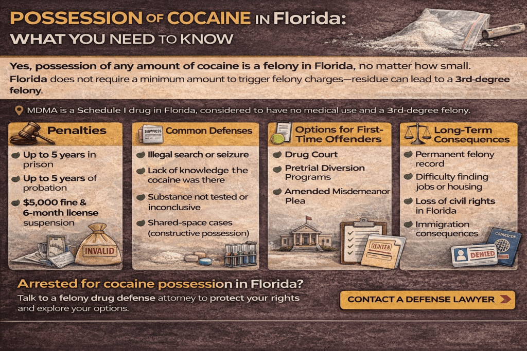 Horizontal infographic outlining Florida cocaine possession laws, showing felony penalties, defenses such as illegal searches and lack of knowledge, diversion options, and record consequences.