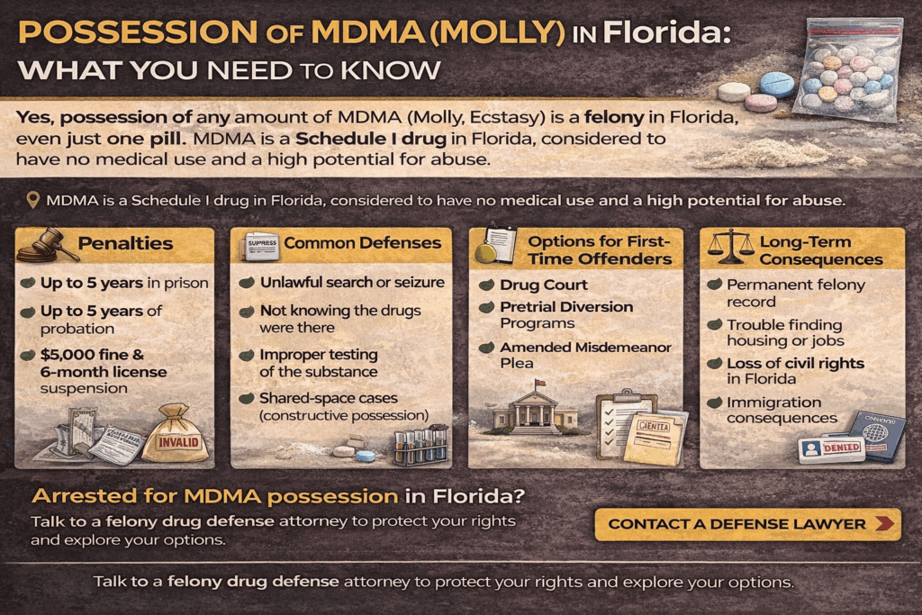 Horizontal infographic outlining Florida MDMA possession laws, including felony penalties for Molly or Ecstasy, common defenses, diversion options, and record consequences.
