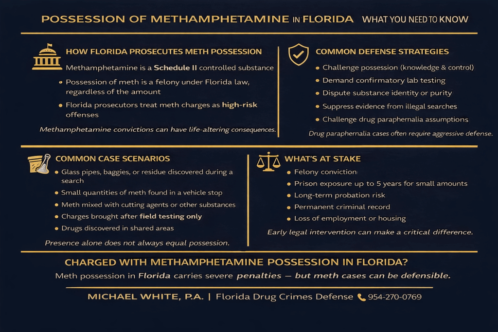 Possession of methamphetamine legal information graphic highlighting prosecution, defense strategies, common case scenarios, and consequences in Florida by Michael White, P.A.